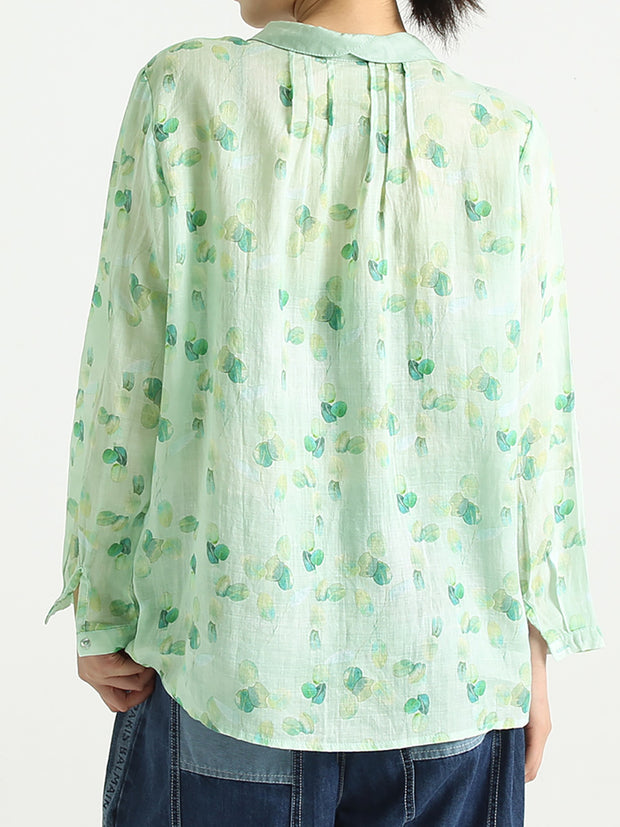 Spring Ramie Prints Long Sleeve Women Loose Shirt