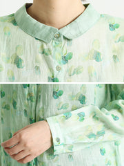 Spring Ramie Prints Long Sleeve Women Loose Shirt