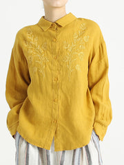 Turndown Collar Long Sleeve Women Embroidered Loose Shirt