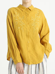 Turndown Collar Long Sleeve Women Embroidered Loose Shirt