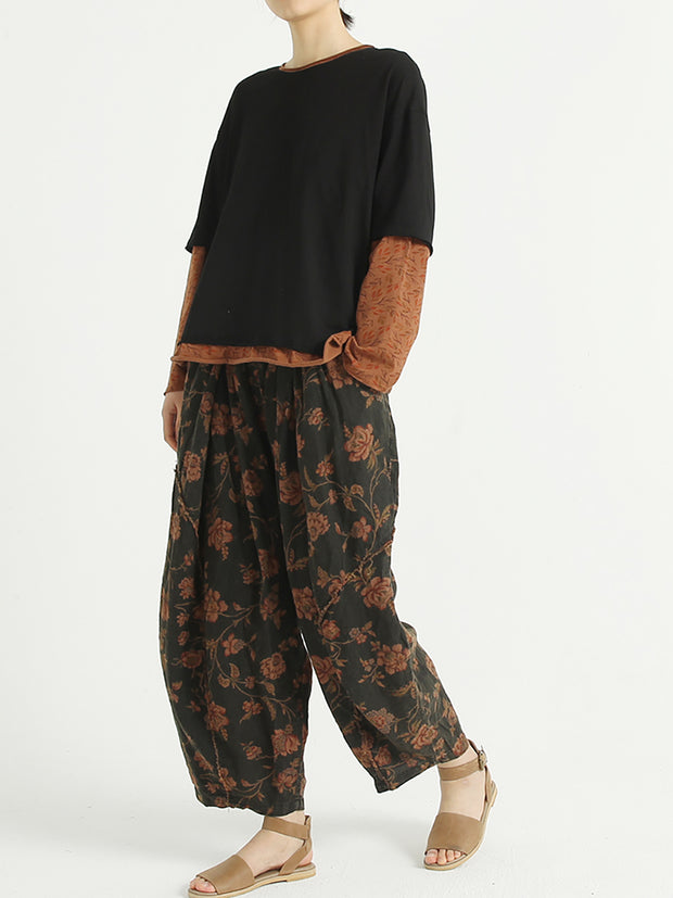 Florale Leinenhose mit lockerer elastischer Taille für Damen