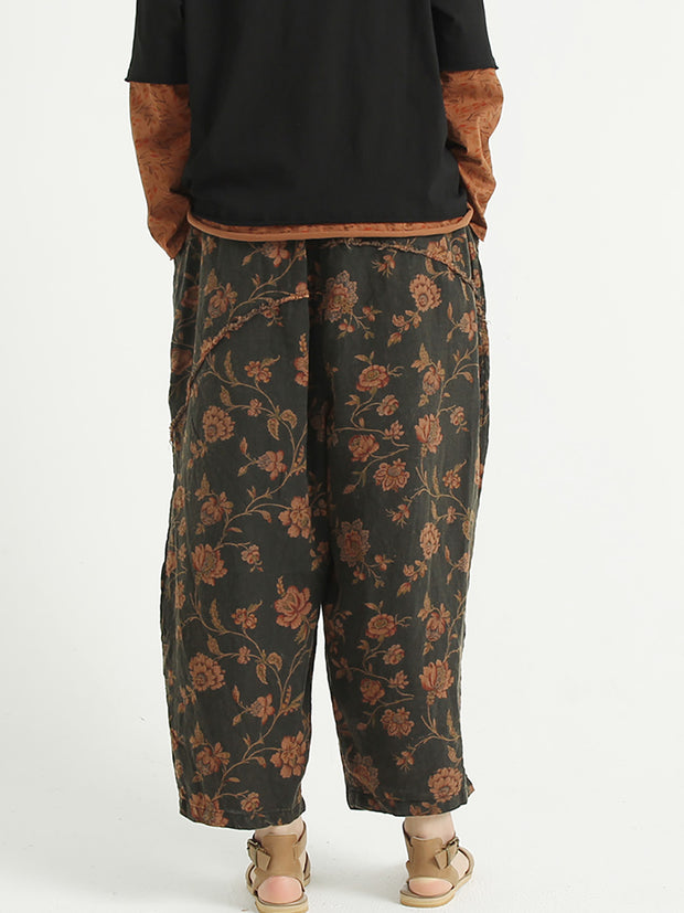 Florale Leinenhose mit lockerer elastischer Taille für Damen