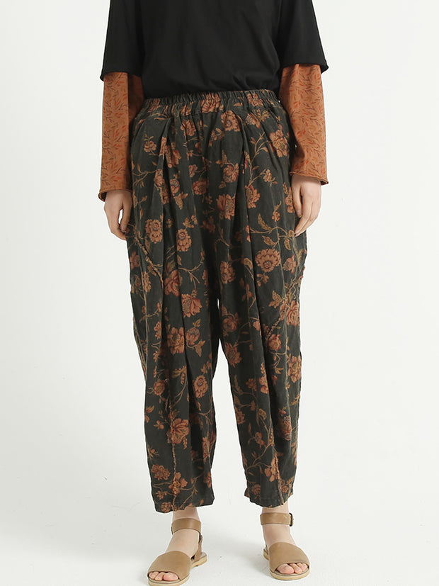 Florale Leinenhose mit lockerer elastischer Taille für Damen