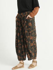 Florale Leinenhose mit lockerer elastischer Taille für Damen