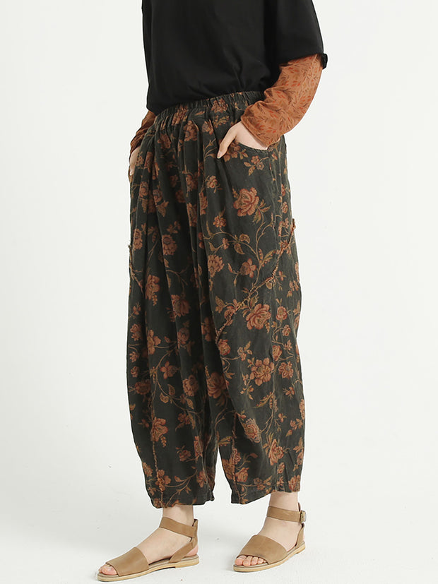 Florale Leinenhose mit lockerer elastischer Taille für Damen