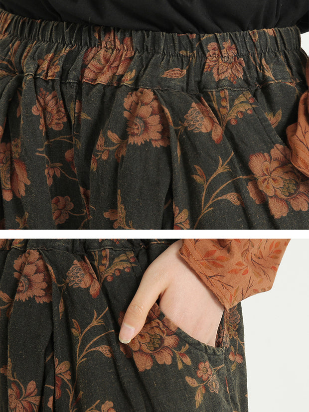 Florale Leinenhose mit lockerer elastischer Taille für Damen
