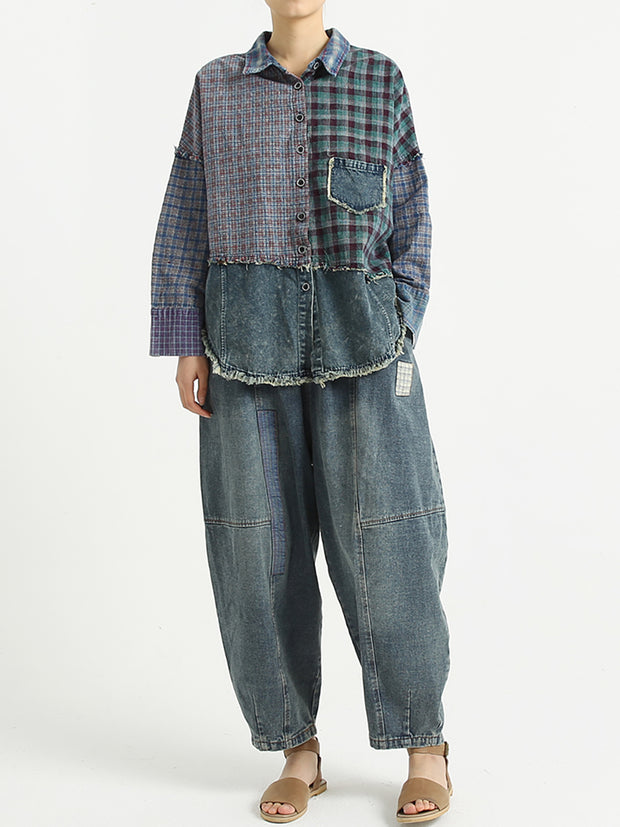 Patchwork Women Turndown Collar Denim Spring Shirt