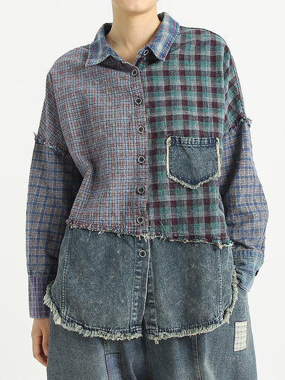 Patchwork Women Turndown Collar Denim Spring Shirt