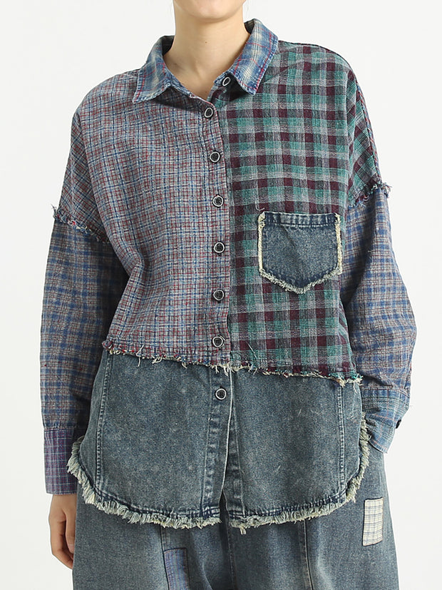 Patchwork Women Turndown Collar Denim Spring Shirt