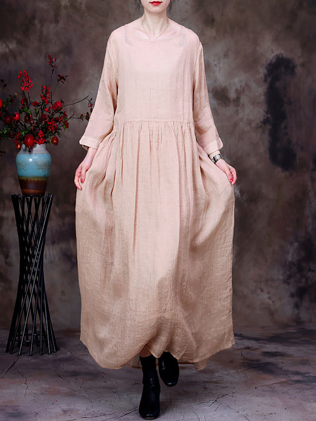 Women Spring Casual Fold Solid Pink Loose Dress
