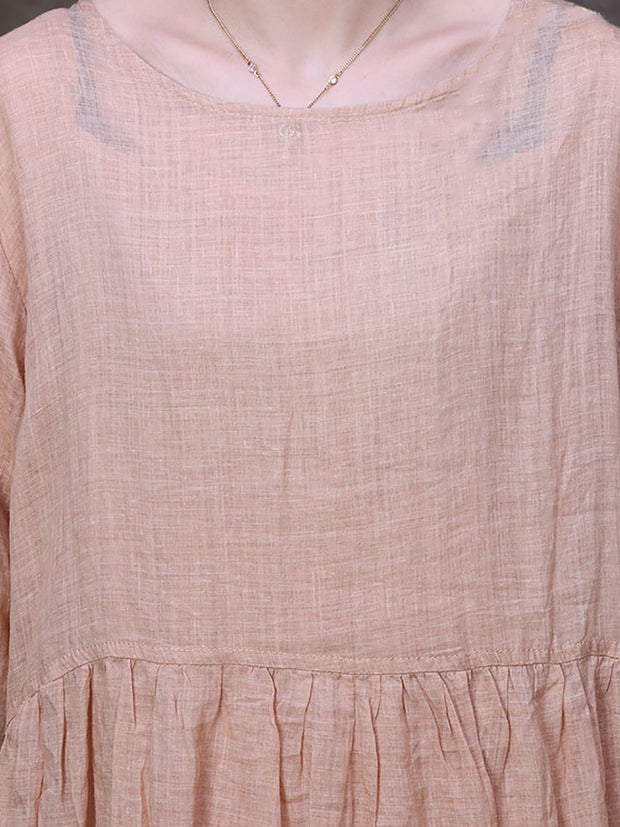 Women Spring Casual Fold Solid Pink Loose Dress