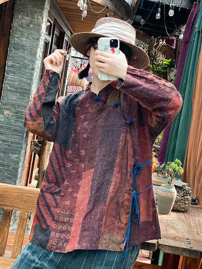 Women Chinese Style Drawstring Frog Spliced Shirt