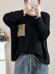 Women Artsy Spring Knitted Lace Patch Loose Sweater