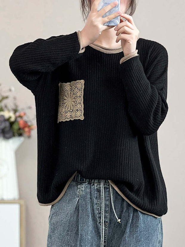 Women Artsy Spring Knitted Lace Patch Loose Sweater