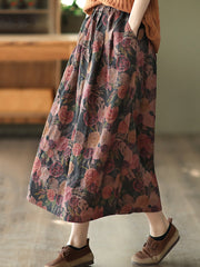 Women Spring Retro Floral Pocket Elastic Waist Loose Skirt