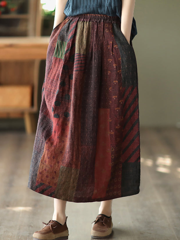 Women Spring Retro Floral Pocket Elastic Waist Loose Skirt