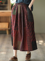 Women Spring Retro Floral Pocket Elastic Waist Loose Skirt