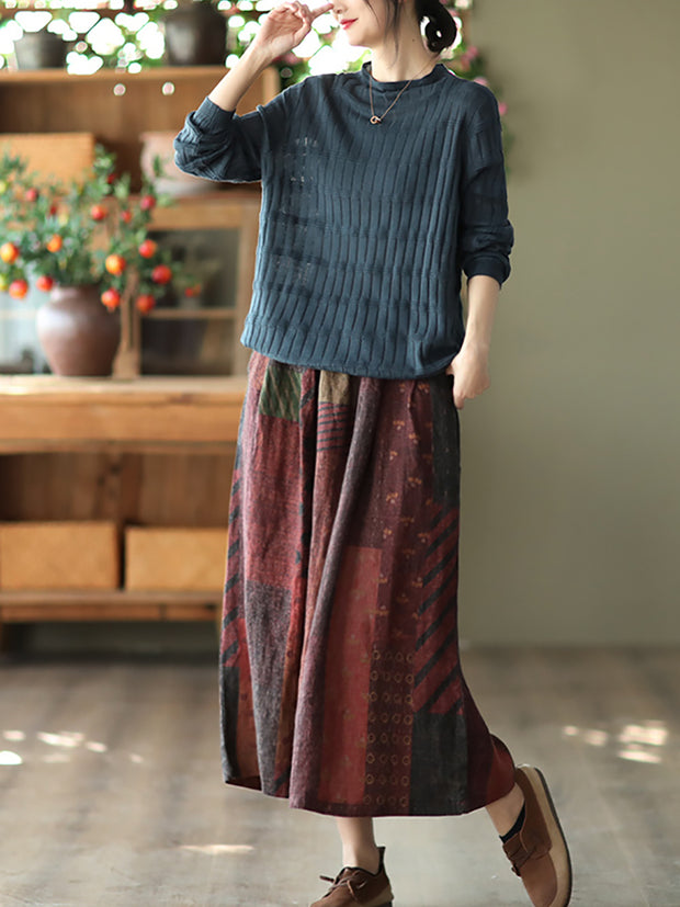 Women Spring Retro Floral Pocket Elastic Waist Loose Skirt
