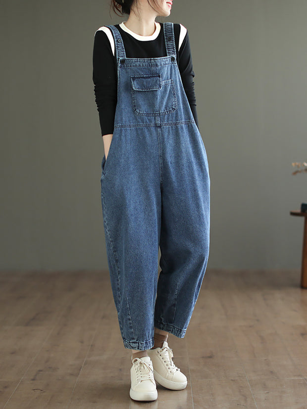 Women Artsy Spring Pocket Loose Denim Jumpsuit