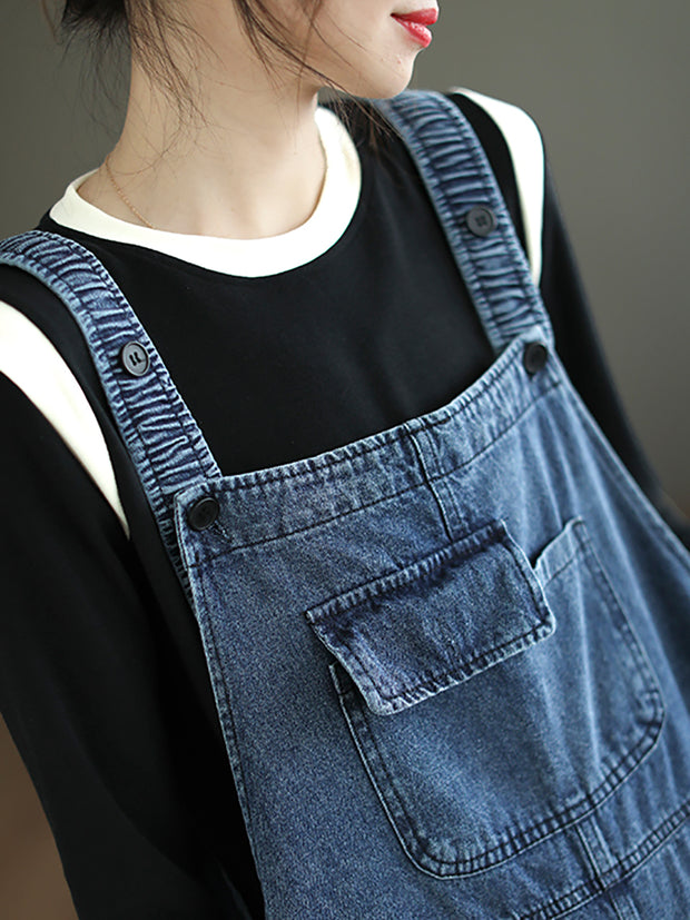 Women Artsy Spring Pocket Loose Denim Jumpsuit