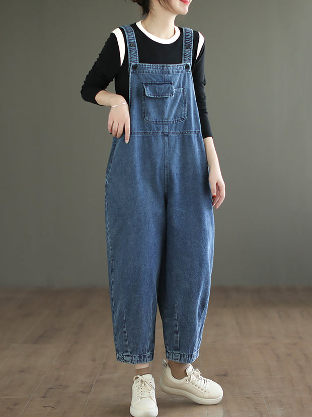 Women Artsy Spring Pocket Loose Denim Jumpsuit