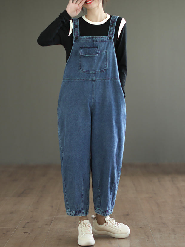 Women Artsy Spring Pocket Loose Denim Jumpsuit