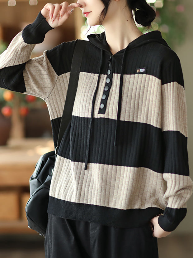 Women Spring Casual Stripe Button Loose Hooded Shirt