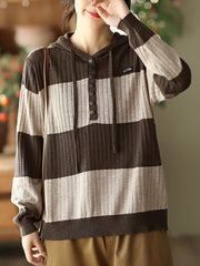 Women Spring Casual Stripe Button Loose Hooded Shirt
