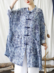 Women Chinese Style Floral Print Frog Bule Linen Shirt