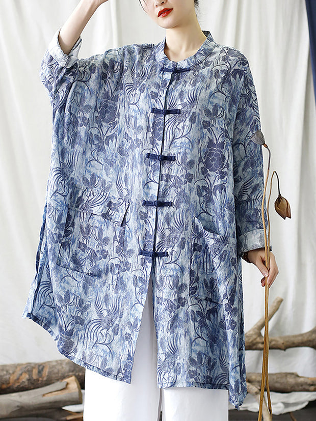 Women Chinese Style Floral Print Frog Bule Linen Shirt