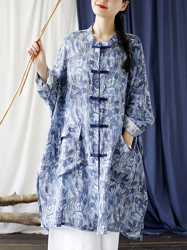 Women Chinese Style Floral Print Frog Bule Linen Shirt