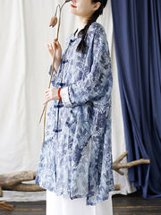 Women Chinese Style Floral Print Frog Bule Linen Shirt