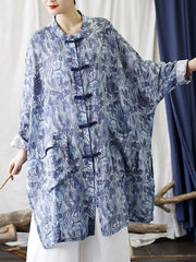 Women Chinese Style Floral Print Frog Bule Linen Shirt