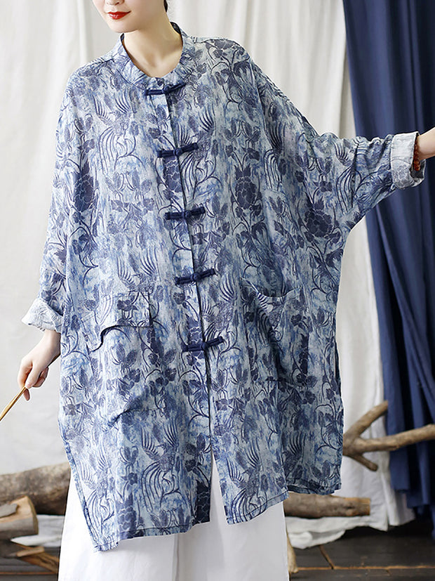 Women Chinese Style Floral Print Frog Bule Linen Shirt