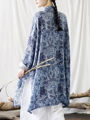 Women Chinese Style Floral Print Frog Bule Linen Shirt