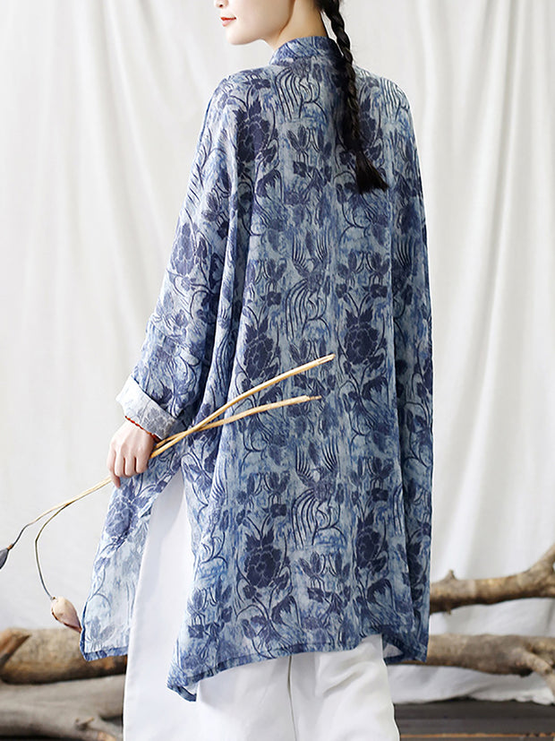 Women Chinese Style Floral Print Frog Bule Linen Shirt