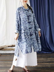 Women Chinese Style Floral Print Frog Bule Linen Shirt