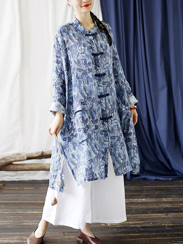 Women Chinese Style Floral Print Frog Bule Linen Shirt