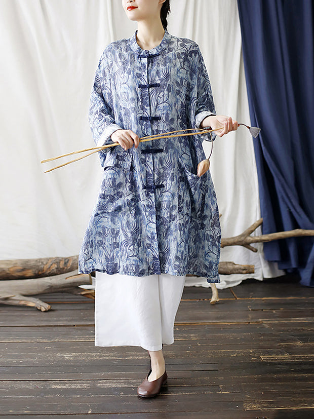 Women Chinese Style Floral Print Frog Bule Linen Shirt