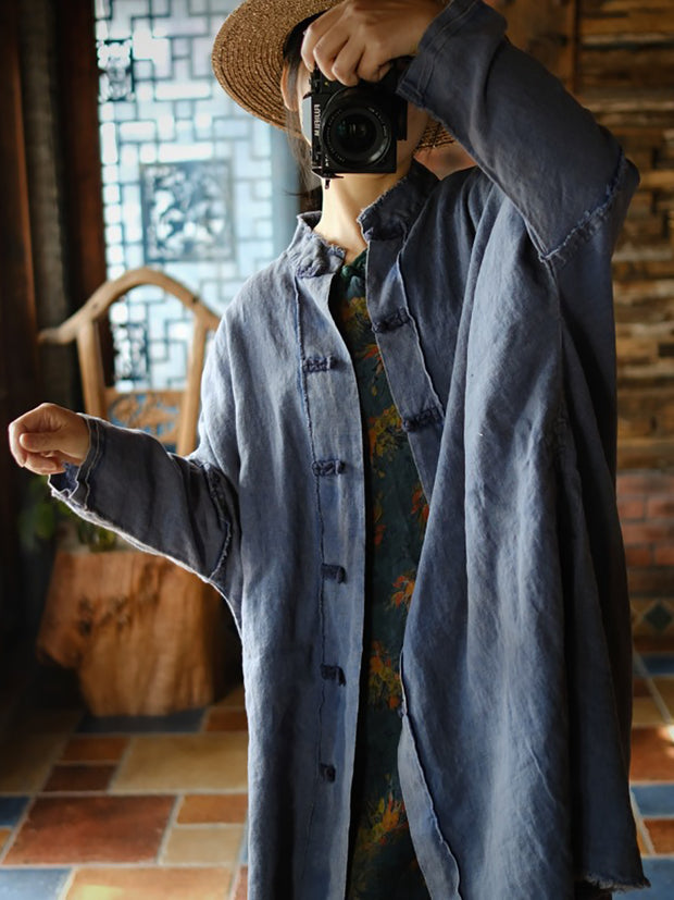 Women Vintage Spring Spliced Frog Burrs Loose Cotton Robe