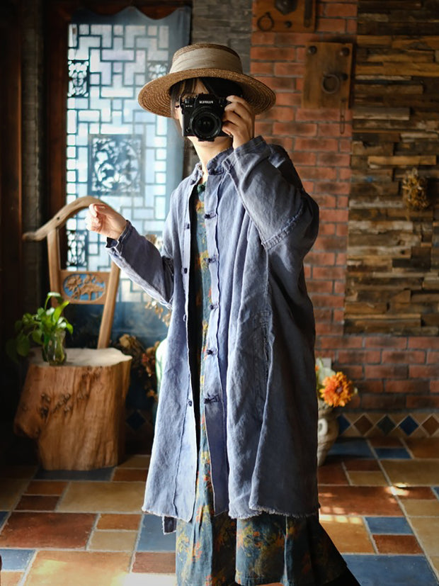 Women Vintage Spring Spliced Frog Burrs Loose Cotton Robe