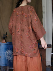 Women Vintage Floral Split Hem Loose Linen Shirt