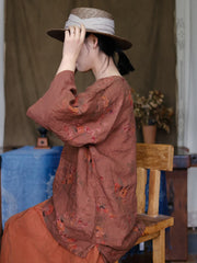 Women Vintage Floral Split Hem Loose Linen Shirt