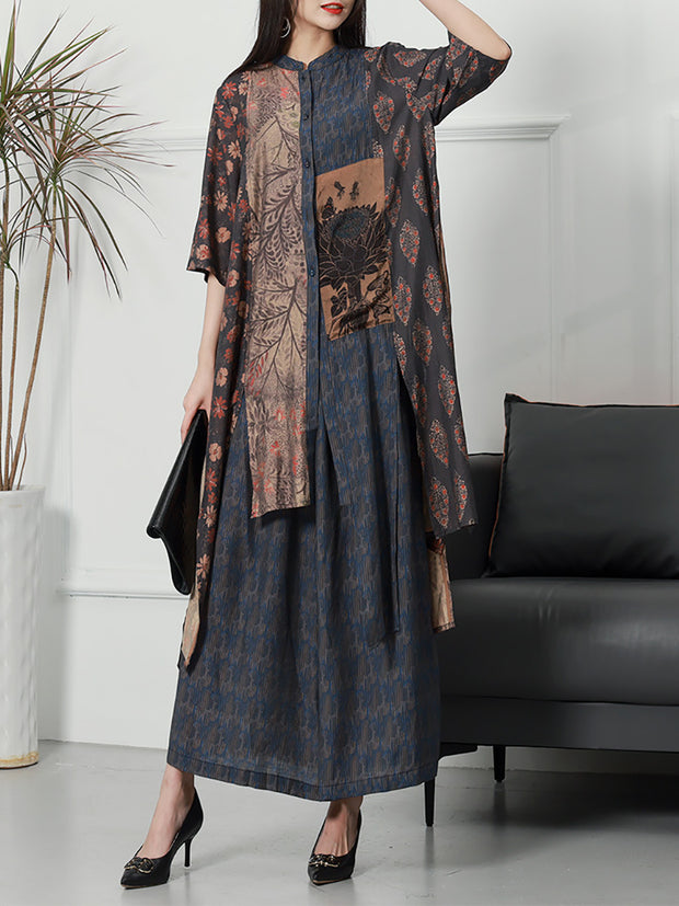 Women Vintage Plant Irregular Spliced Suit