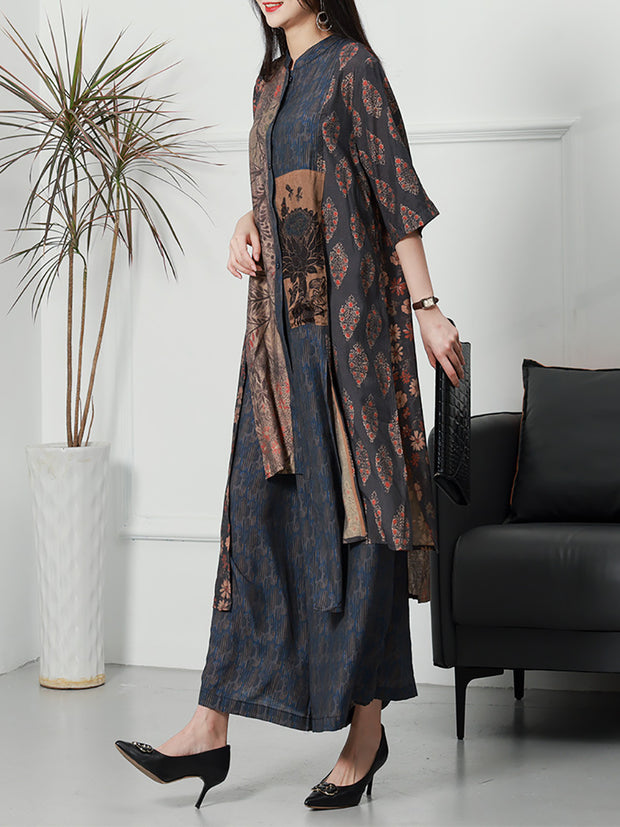 Women Vintage Plant Irregular Spliced Suit