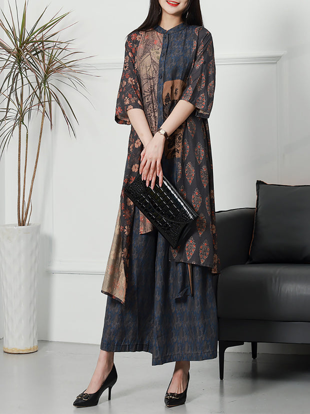 Women Vintage Plant Irregular Spliced Suit