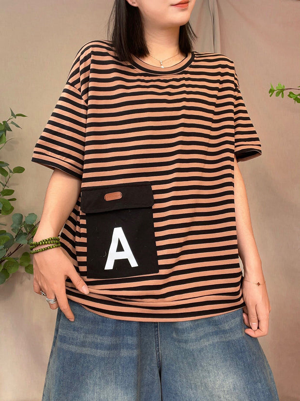 Women Casual Summer Stripe Patch Pocket Shirt