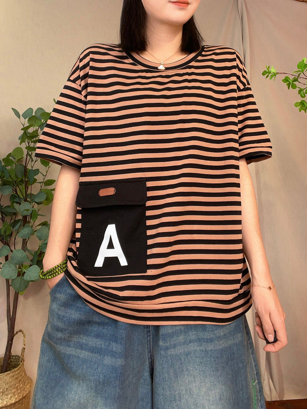 Women Casual Summer Stripe Patch Pocket Shirt