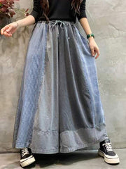 Women Spring Retro Stripe Plaid Spliced Wide-leg Pants