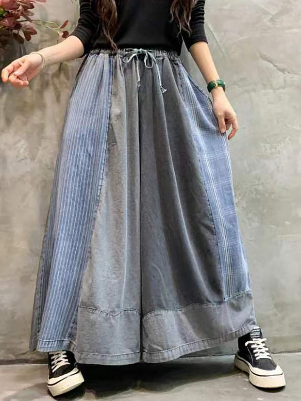 Women Spring Retro Stripe Plaid Spliced Wide-leg Pants